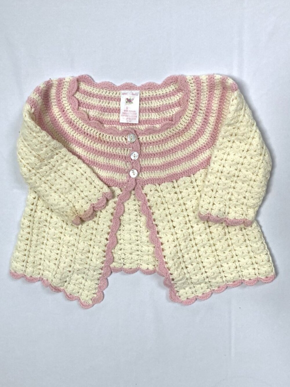 Vintage April Cornell, Baby Girl Cardigan, Pink & Ivory, Hand Crochet, 6 Months